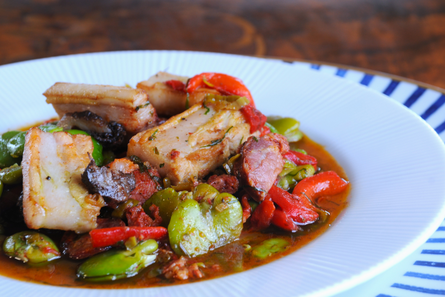 Traditional Portuguese fava beans with chouriço and morcela, ready meals Chef George