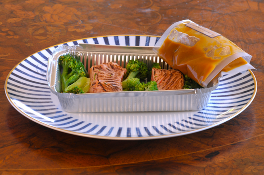 Miso glazed salmon and broccoli frozen ready meal in packaging, Algarve Chef George Tannock