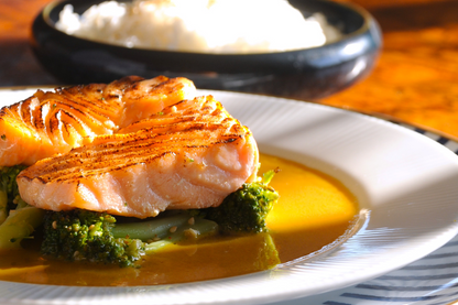 Caramelised miso salmon fillet with golden wafu dressing, frozen ready meal delivered across the Algarve